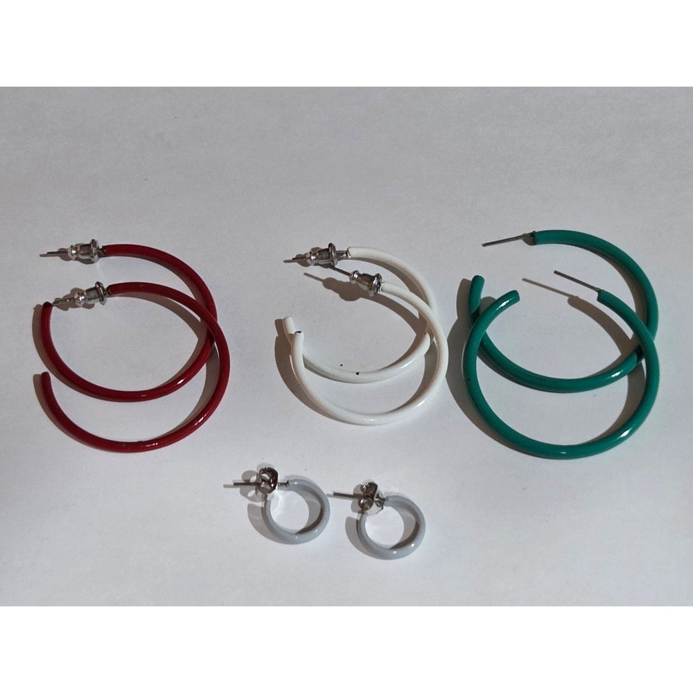 Lot of 4 Y2K 90s Vibes Hoop Earrings Red White Teal Blue Enamel Style Set